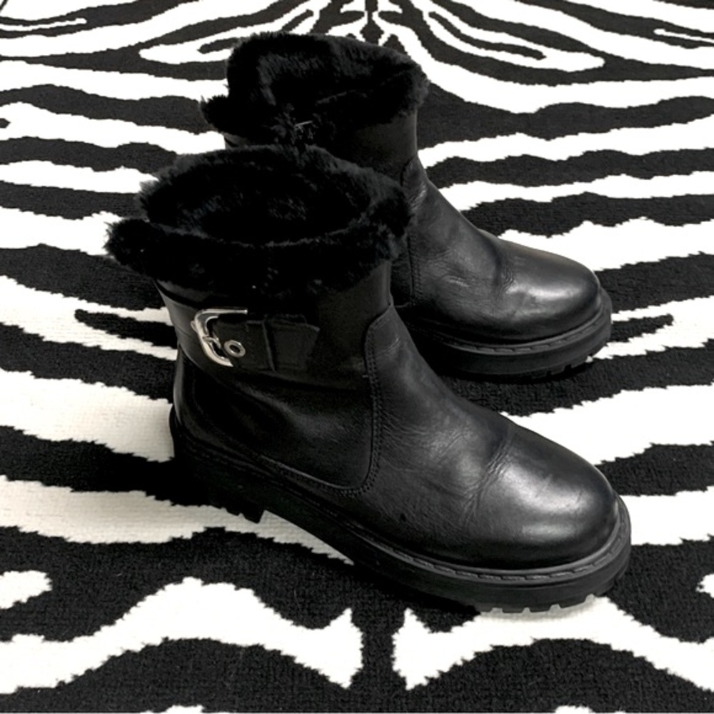 Zara Leather Moto Biker Boots Faux Fur Lining Platform Lug Soles Size 37 - Picture 6 of 12